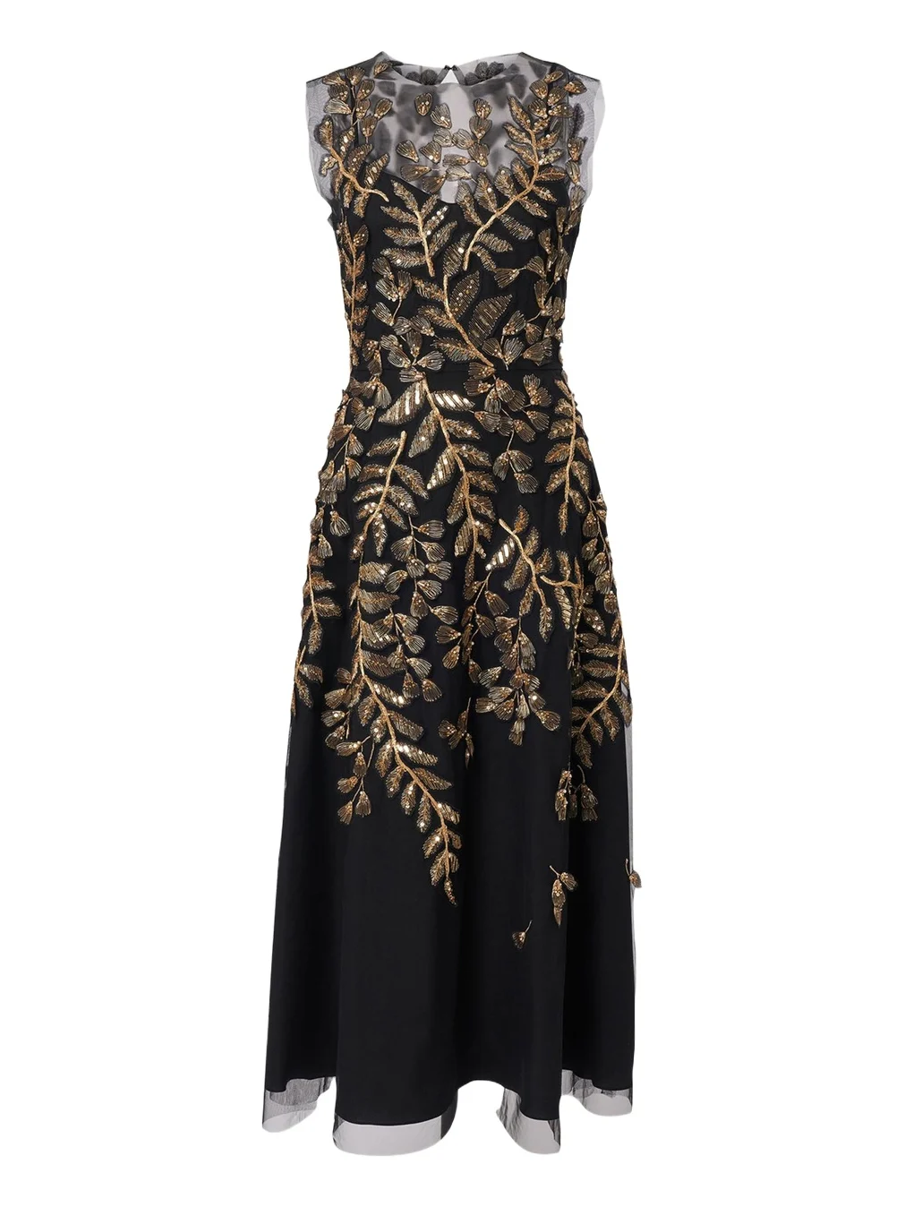 Gold Leaf-Embroidered Tulle Sleeveless Midi Dress