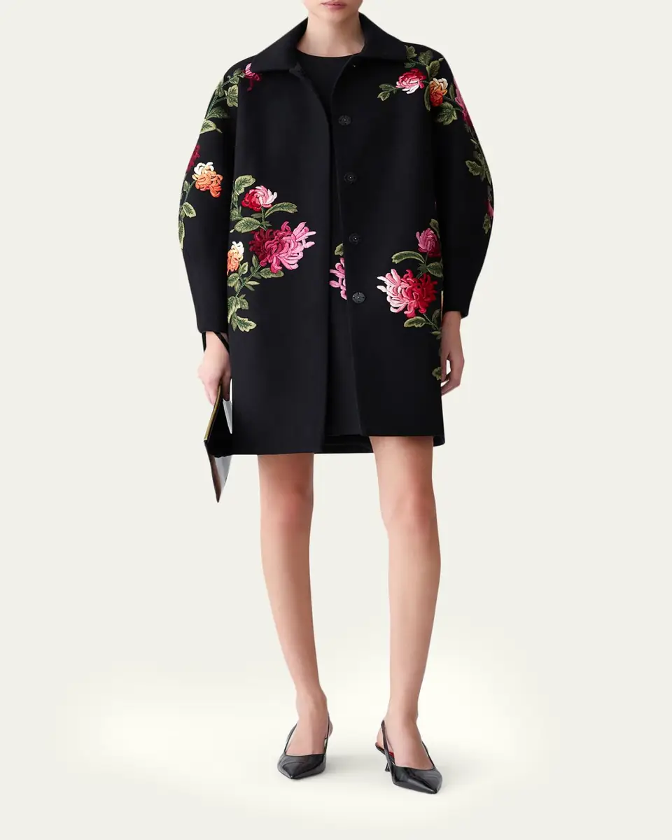 Carolina Herrera Floral-Embroidered Wool Cocoon Coat | Thumbnail 2
