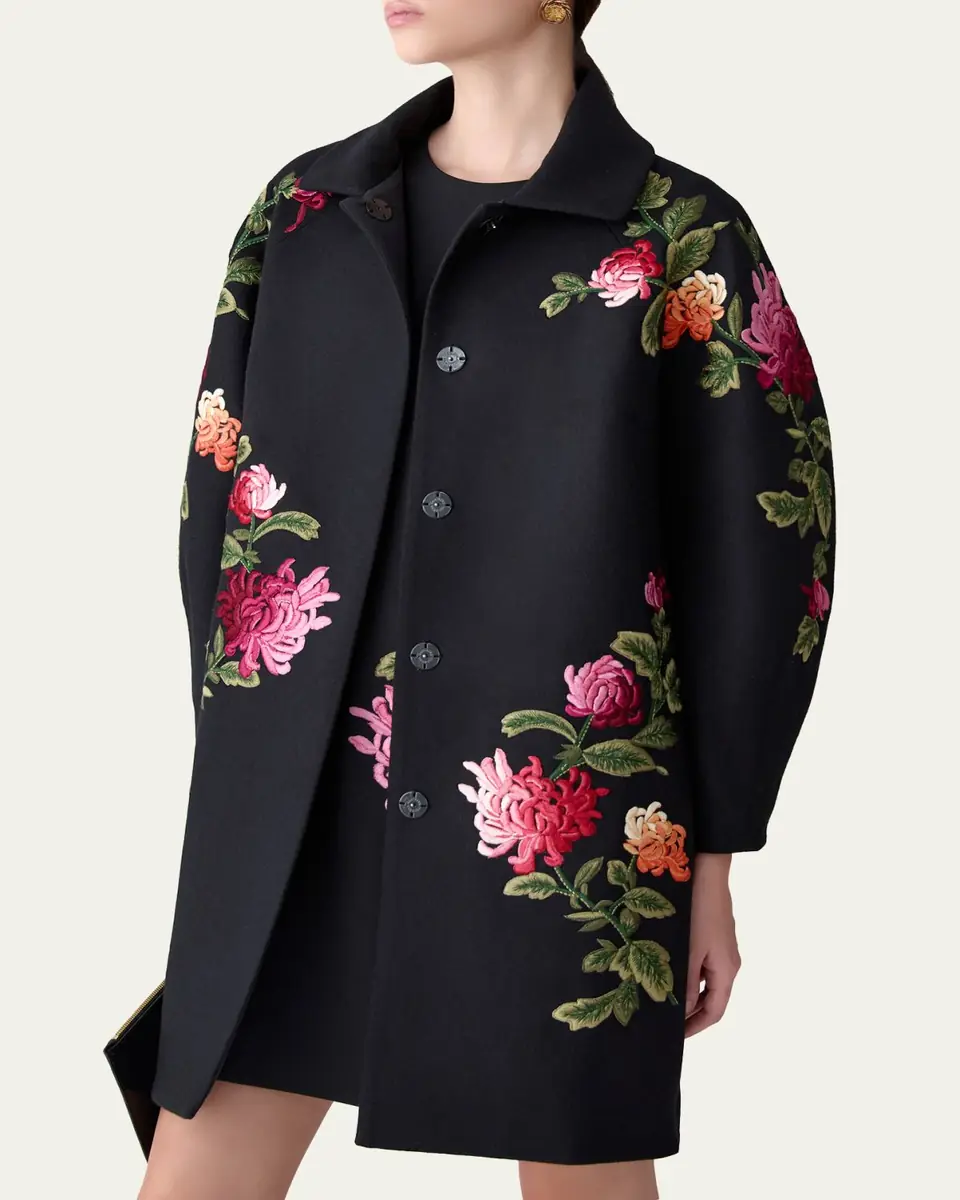 Carolina Herrera Floral-Embroidered Wool Cocoon Coat | Thumbnail 4