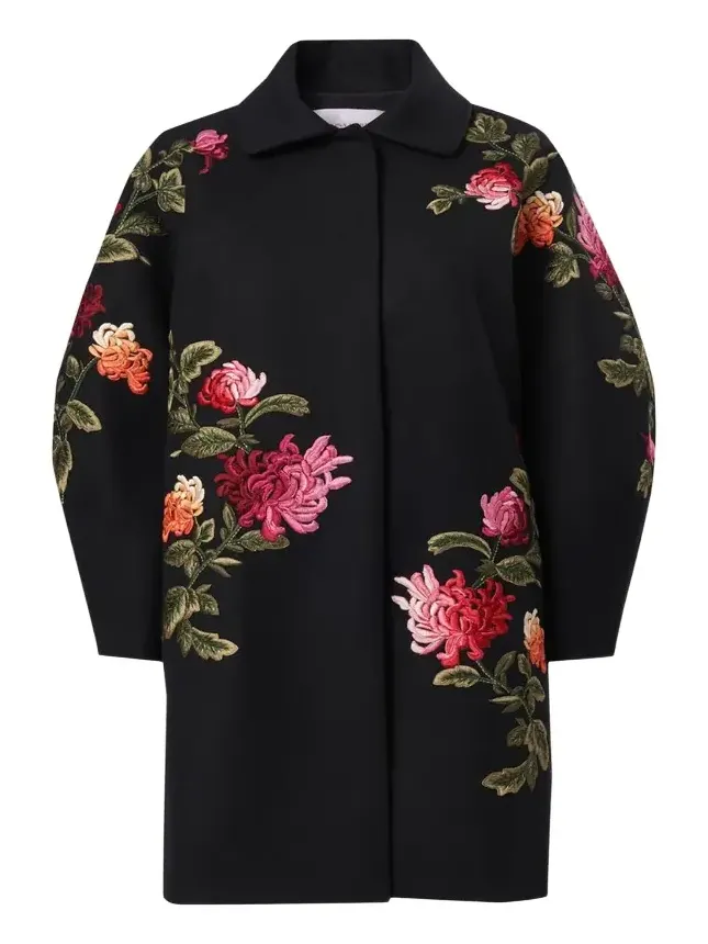 Floral-Embroidered Wool Cocoon Coat Floral-Embroidered Wool Cocoon Coat