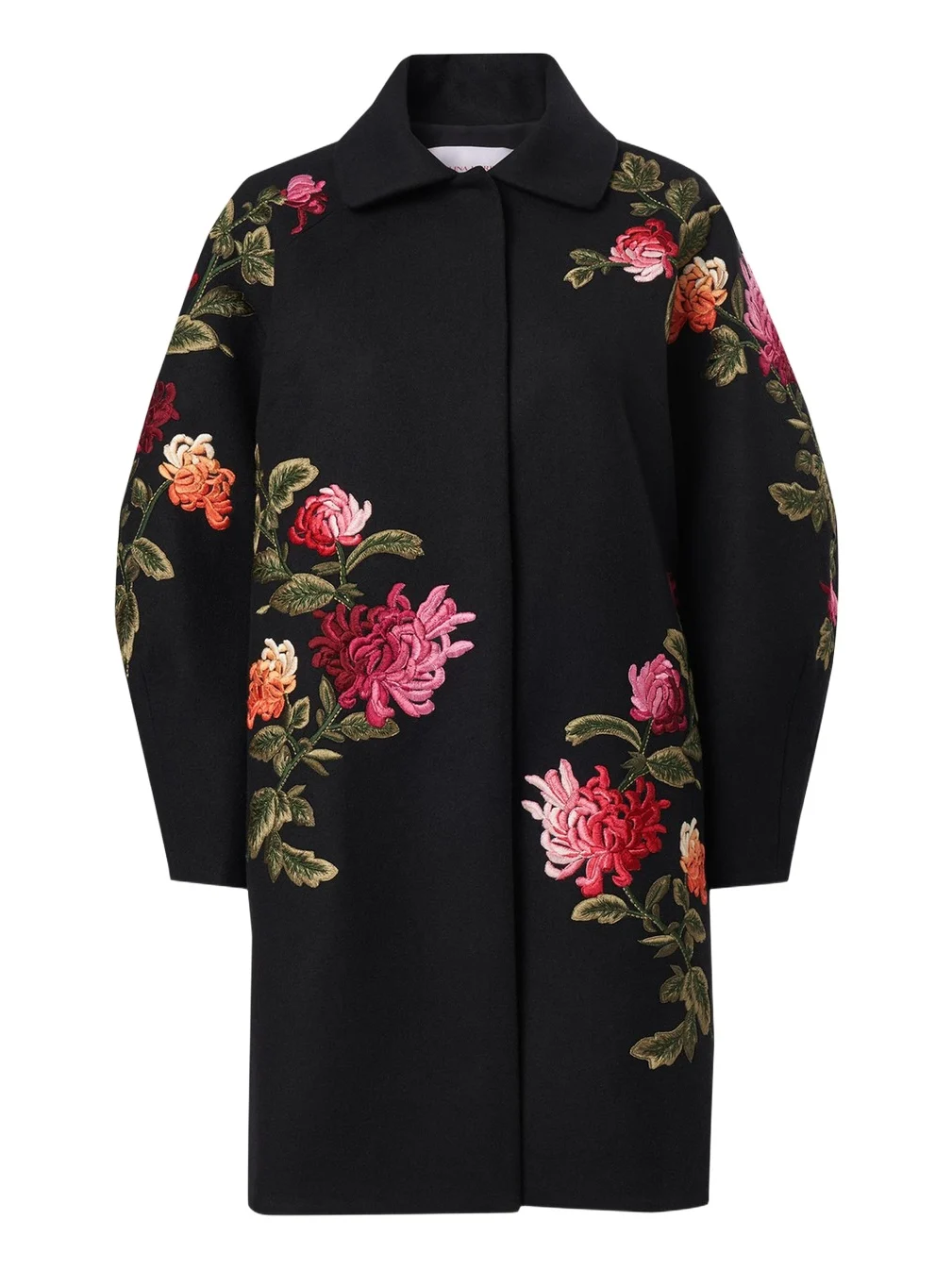 Carolina Herrera Floral-Embroidered Wool Cocoon Coat