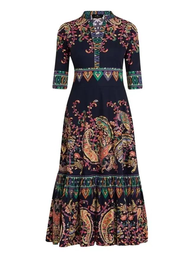 Paisley Cotton 3/4-Sleeve Maxi Shirtdress
