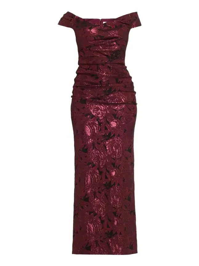 Rickie Freeman for Teri Jon Ruched Metallic Floral Jacquard Column Gown