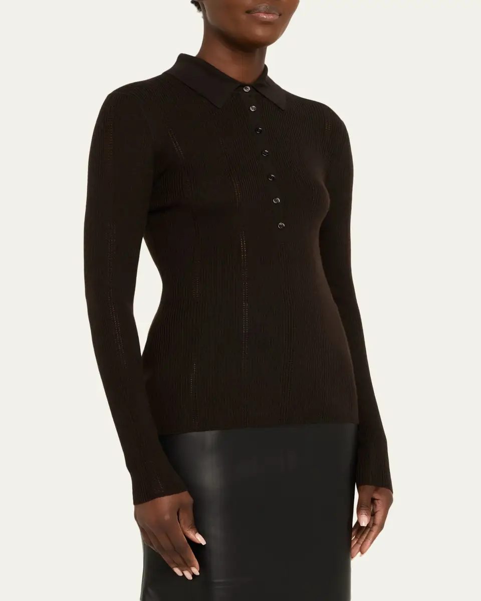 Gabriela Hearst Sophia Rib Knit Long-Sleeve Polo Shirt | Thumbnail 4