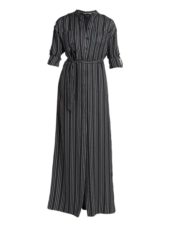 Striped Silk Long-Sleeve Belted Maxi Shirtdress Striped Silk Long-Sleeve Belted Maxi Shirtdress