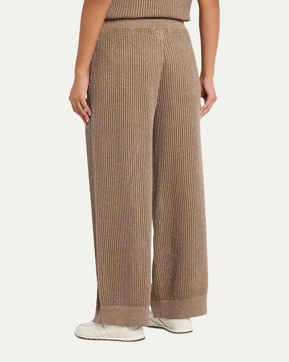 Brunello Cucinelli Metallic Cotton Rib Wide-Leg Pull-On Trousers | Thumbnail 3 Brunello Cucinelli Metallic Cotton Rib Wide-Leg Pull-On Trousers | Thumbnail 3