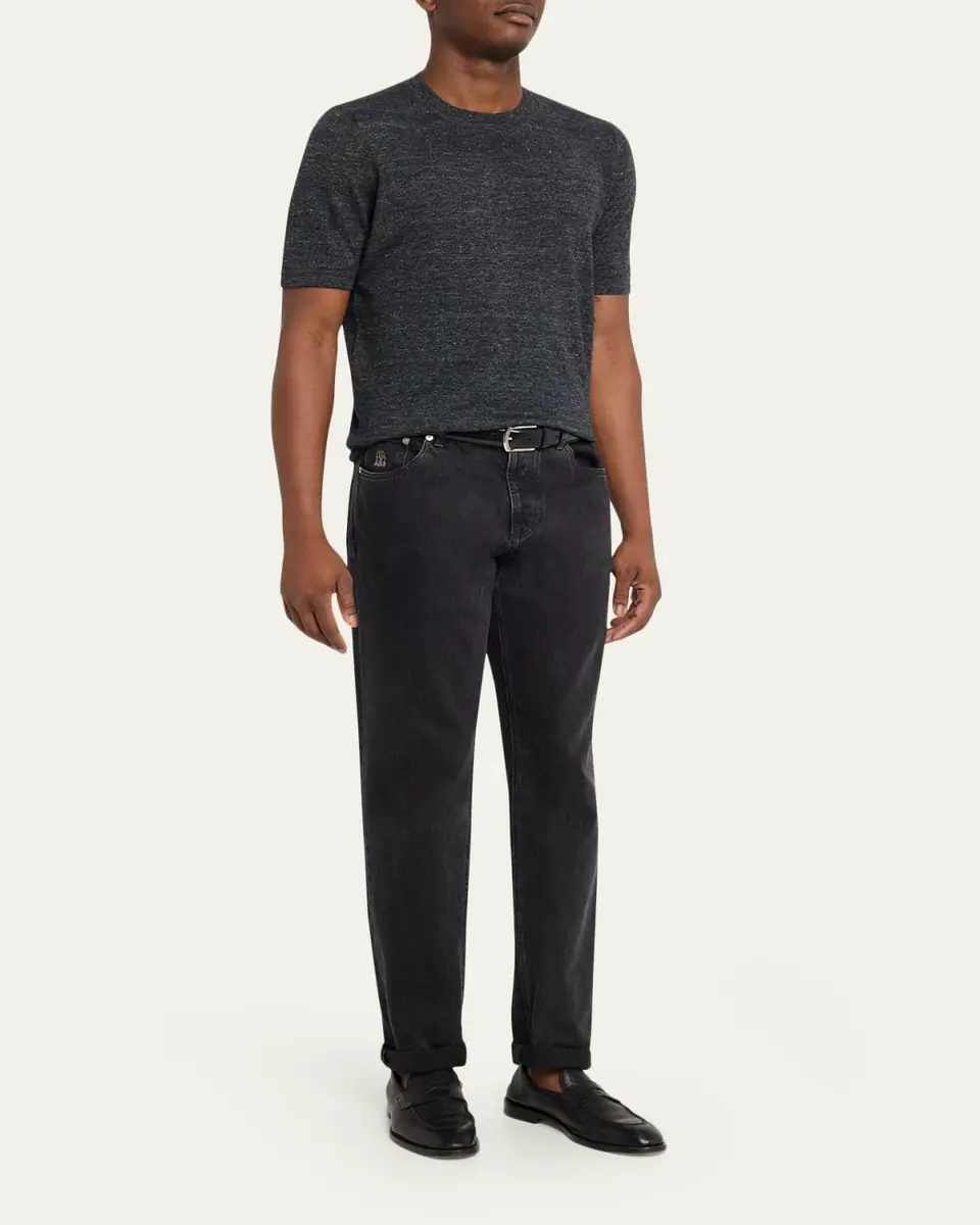 Brunello Cucinelli Men's Linen and Cotton Knit Short-Sleeve Sweater | Thumbnail 2