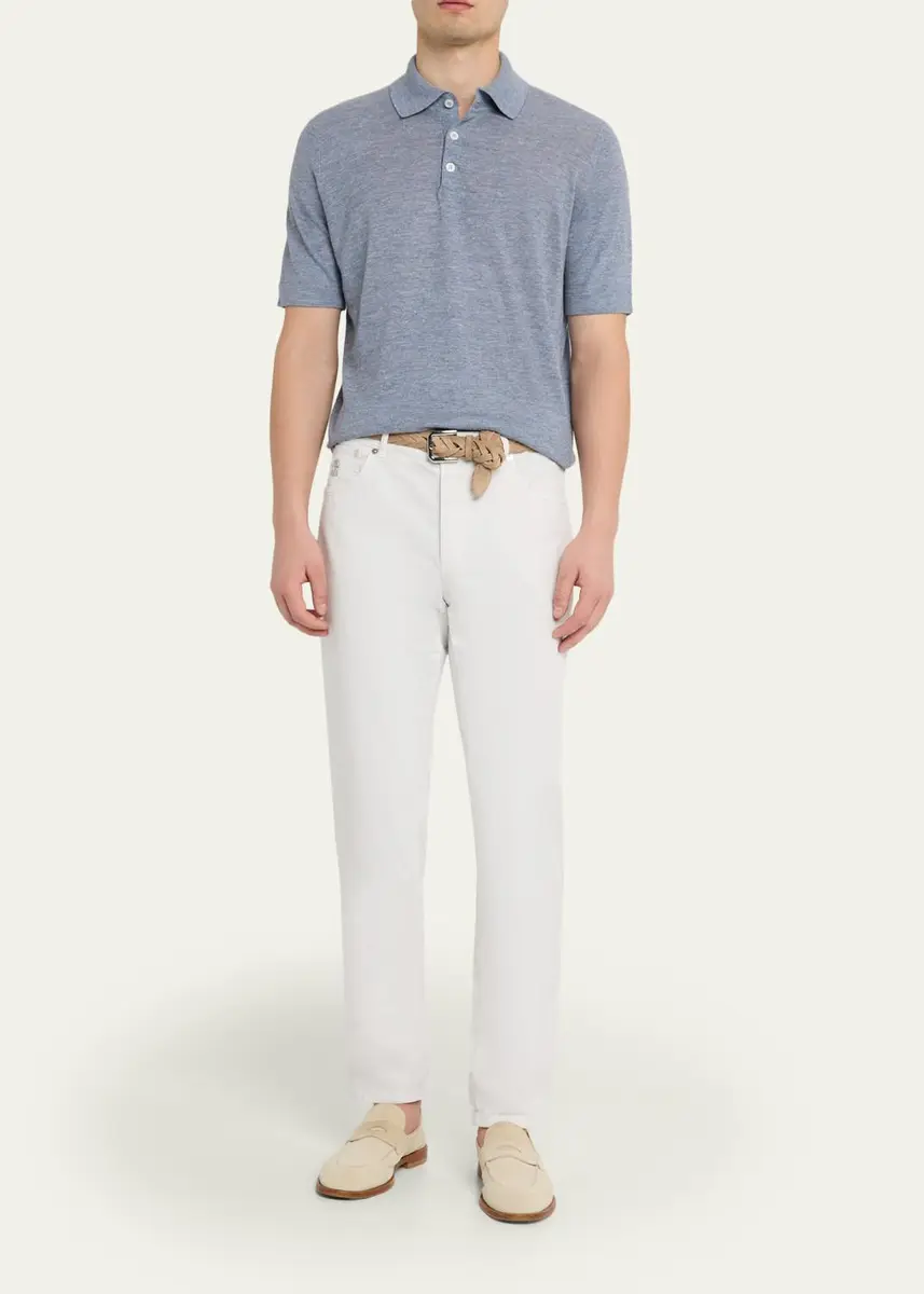 Brunello Cucinelli Men's Linen and Cotton Heathered Polo Shirt | Thumbnail 2