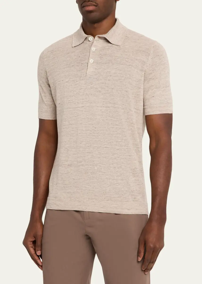 Brunello Cucinelli Men's Linen and Cotton Heathered Polo Shirt | Thumbnail 17