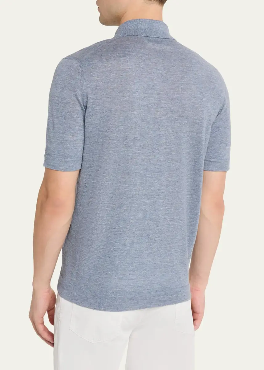 Brunello Cucinelli Men's Linen and Cotton Heathered Polo Shirt | Thumbnail 3