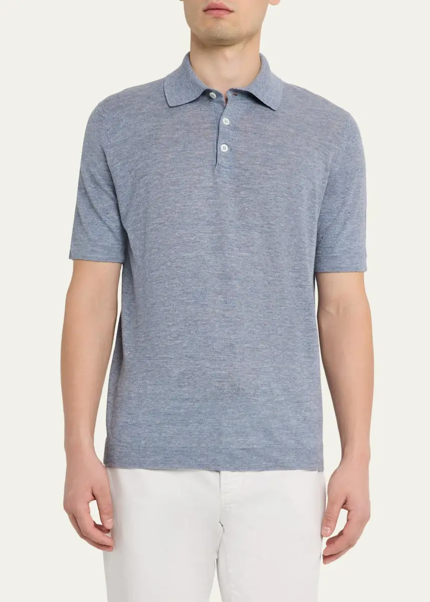 Brunello Cucinelli Men's Linen and Cotton Heathered Polo Shirt | Thumbnail 4