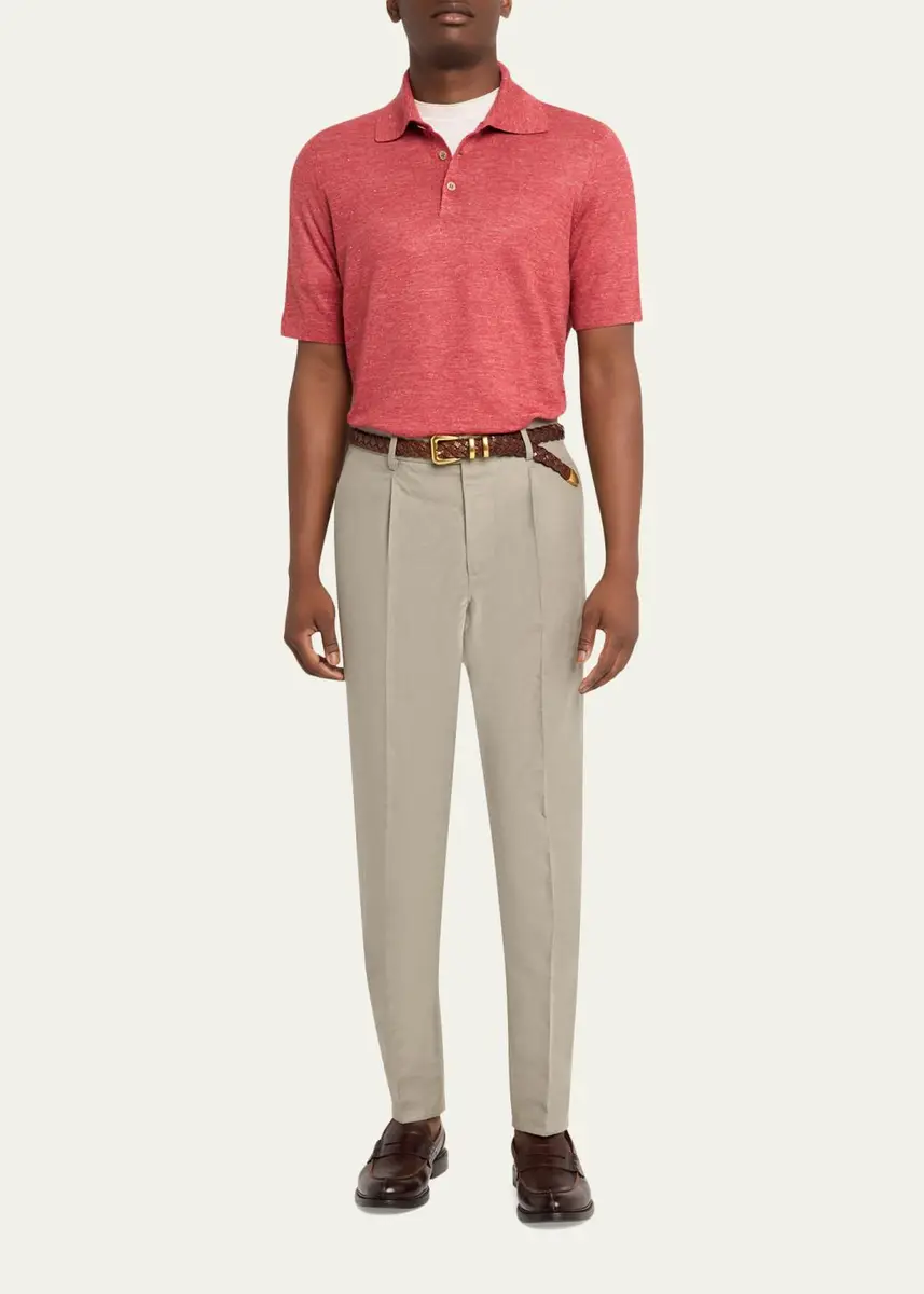 Brunello Cucinelli Men's Linen and Cotton Heathered Polo Shirt | Thumbnail 6