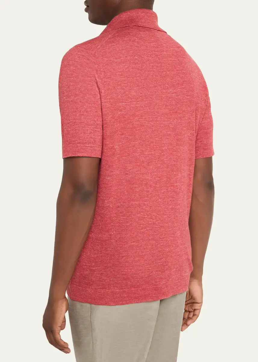 Brunello Cucinelli Men's Linen and Cotton Heathered Polo Shirt | Thumbnail 7