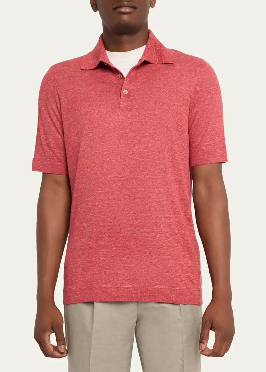 Brunello Cucinelli Men's Linen and Cotton Heathered Polo Shirt | Thumbnail 8