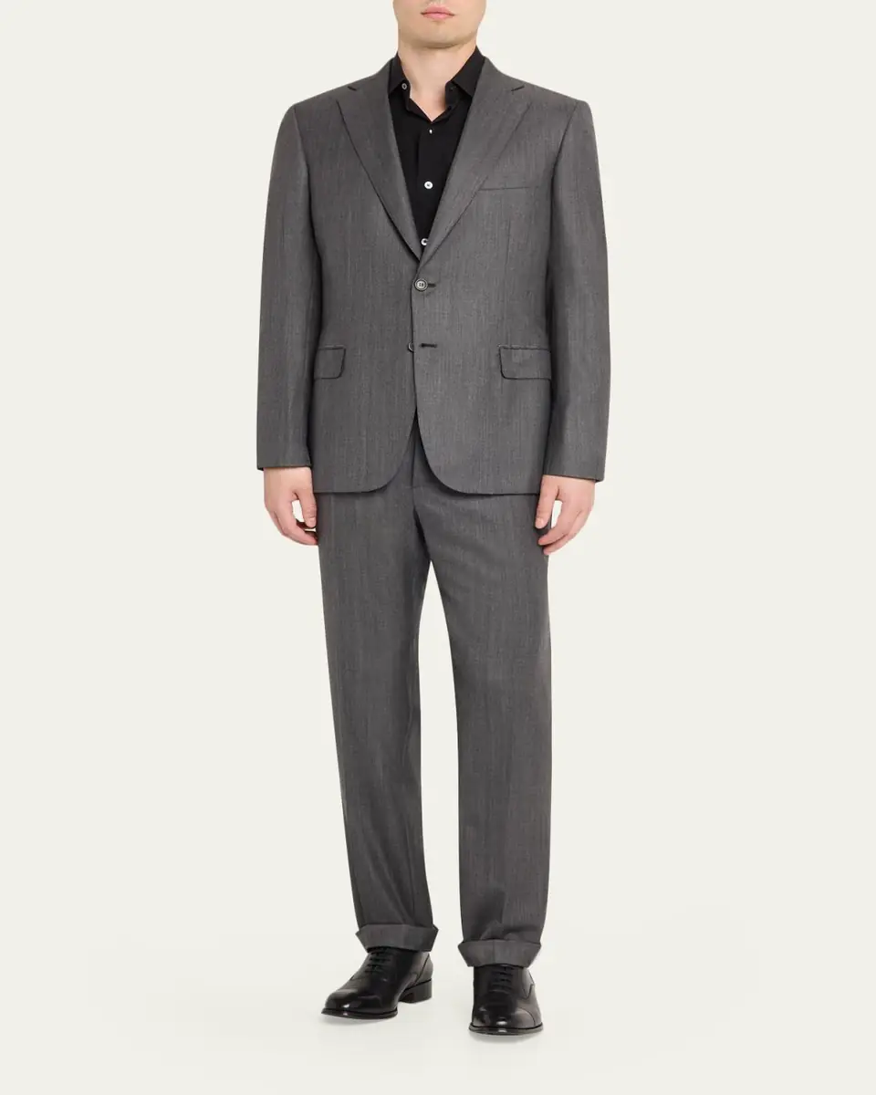 Brioni Men's Tonal Herringbone Wool-Silk Two-Piece Suit | Thumbnail 2 Brioni Men's Tonal Herringbone Wool-Silk Two-Piece Suit | Thumbnail 2