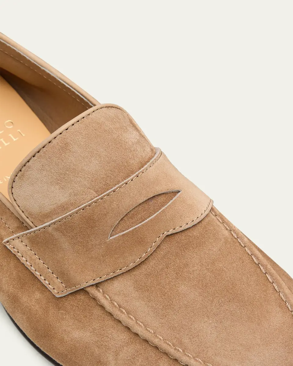 Brunello Cucinelli Men's Leather Apron-Toe Penny Loafers | Thumbnail 3 Brunello Cucinelli Men's Leather Apron-Toe Penny Loafers | Thumbnail 3
