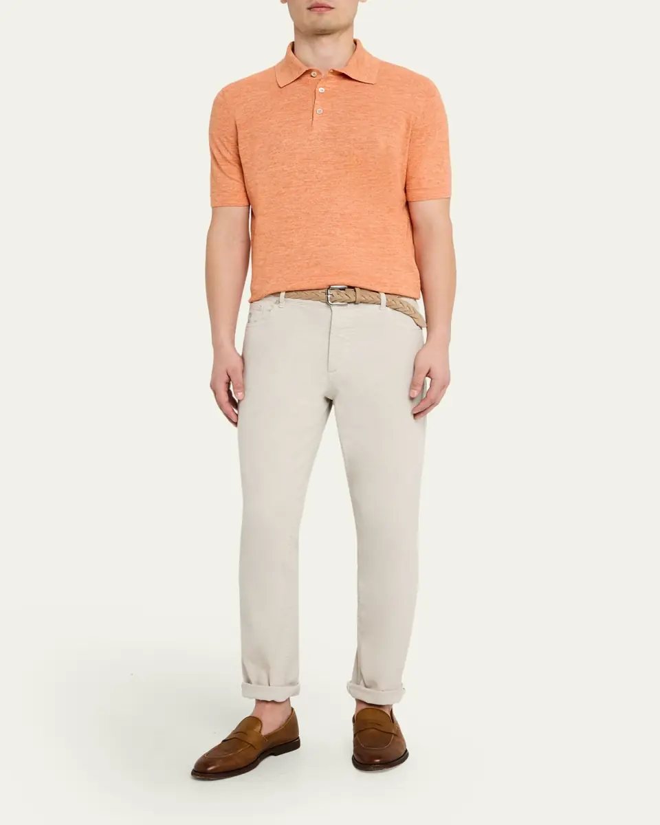 Brunello Cucinelli Men's Linen and Cotton Heathered Polo Shirt | Thumbnail 2