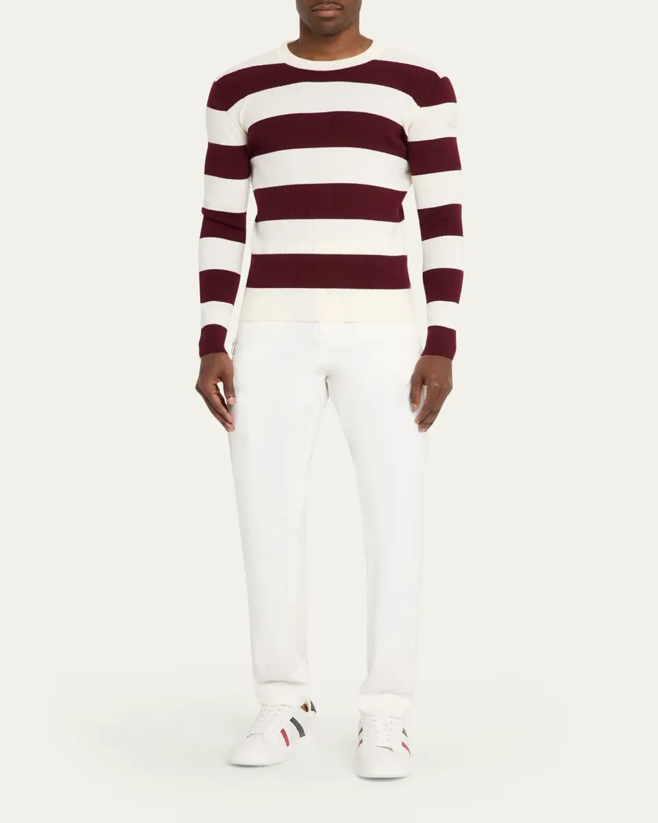Moncler Men's Wide-Stripe Wool Ribbed Crewneck Sweater | Thumbnail 2