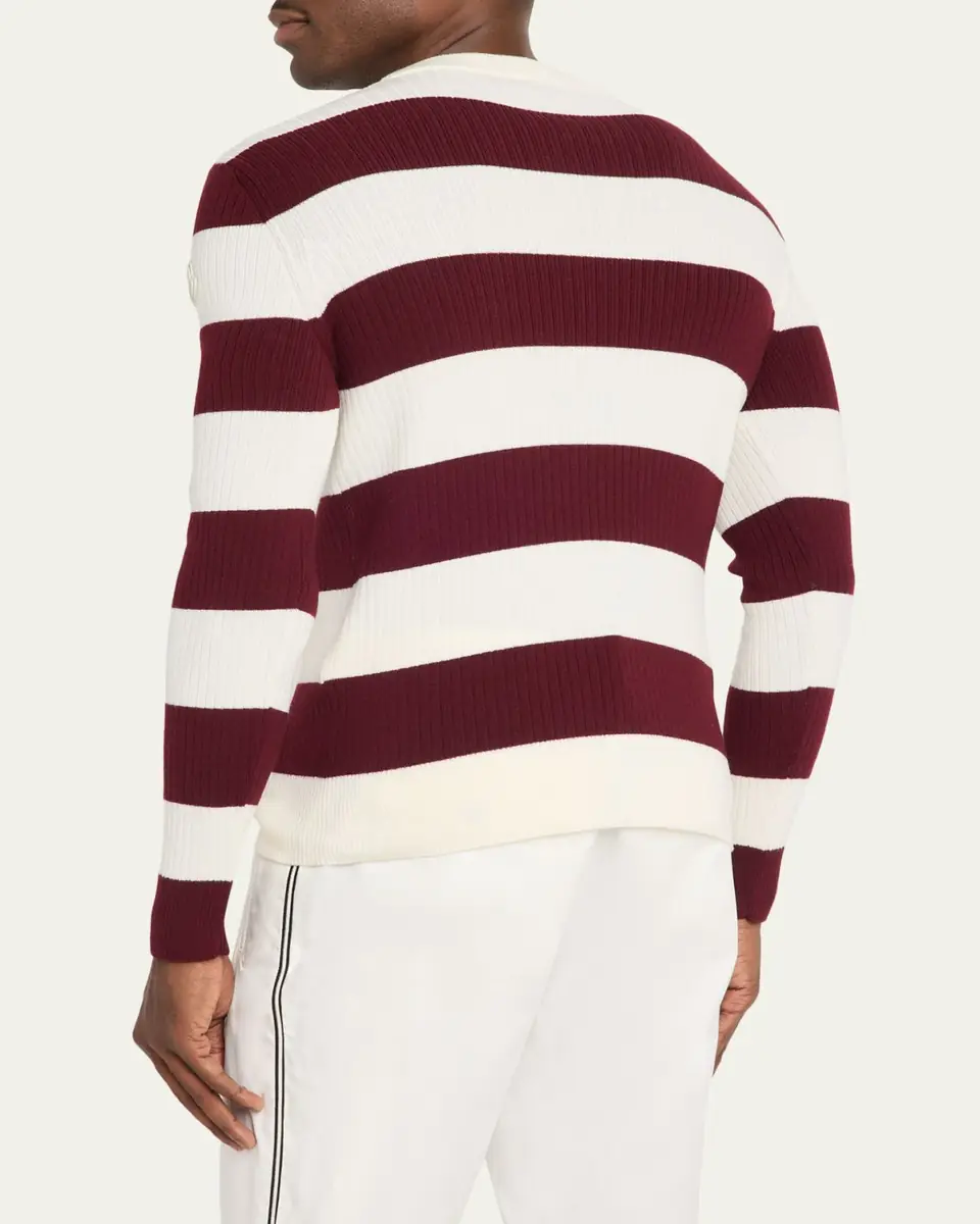 Moncler Men's Wide-Stripe Wool Ribbed Crewneck Sweater | Thumbnail 3