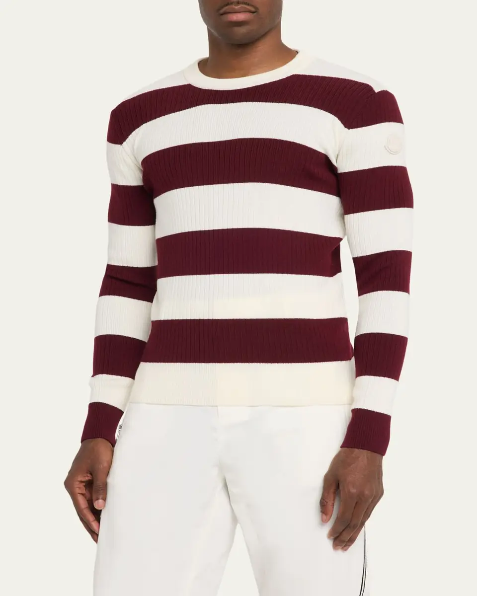 Moncler Men's Wide-Stripe Wool Ribbed Crewneck Sweater | Thumbnail 4