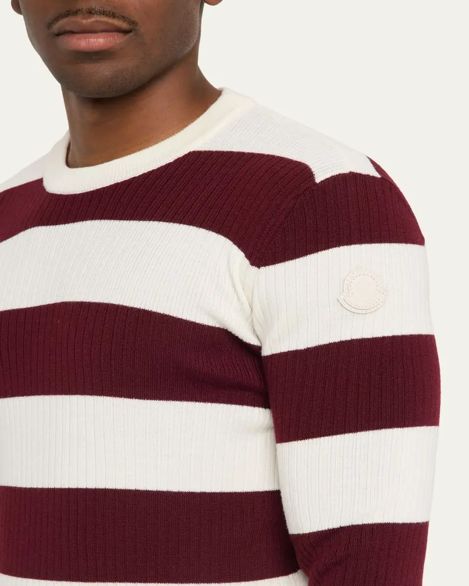 Moncler Men's Wide-Stripe Wool Ribbed Crewneck Sweater | Thumbnail 5