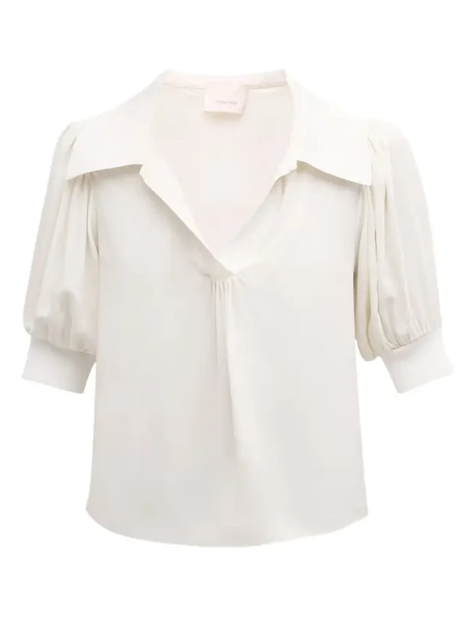 Weldon Collared V-Neck Short-Sleeve Silk Combo Top Weldon Collared V-Neck Short-Sleeve Silk Combo Top