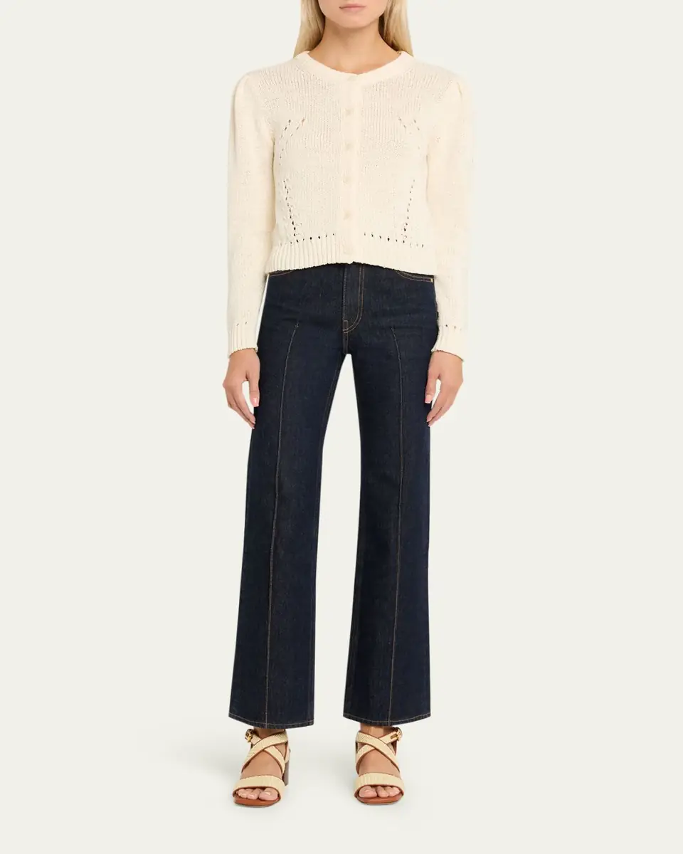 Ulla Johnson Delphina Pointelle Knit Puff-Sleeve Crewneck Cardigan | Thumbnail 2 Ulla Johnson Delphina Pointelle Knit Puff-Sleeve Crewneck Cardigan | Thumbnail 2