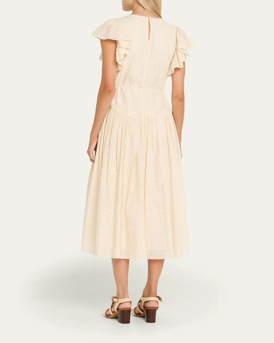 Ulla Johnson Sylvaine Flutter-Sleeve Lasercut Poplin Ankle Dress | Thumbnail 3 Ulla Johnson Sylvaine Flutter-Sleeve Lasercut Poplin Ankle Dress | Thumbnail 3