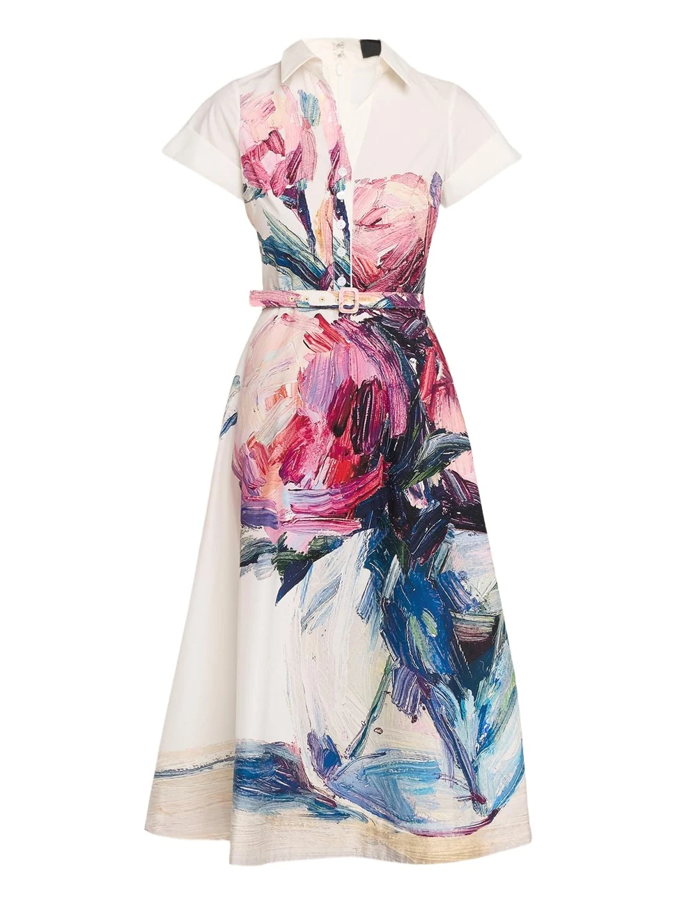 Rickie Freeman for Teri Jon Cotton Floral Short-Sleeve Shirtwaist Dress