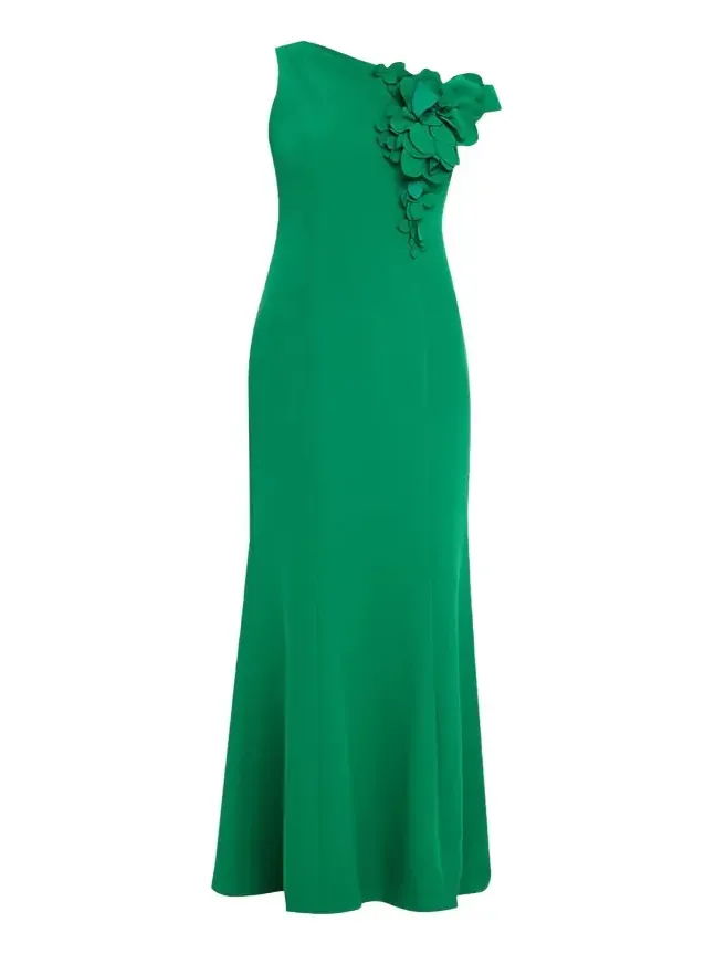 One-Shoulder Floral Applique Stretch Crepe Gown