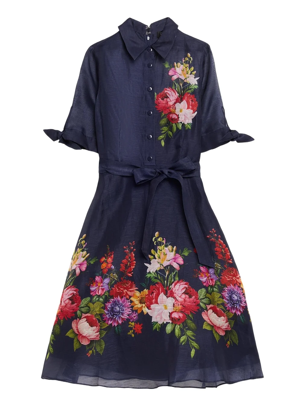 Rickie Freeman for Teri Jon Silken Linen Floral-Print Shirtdress