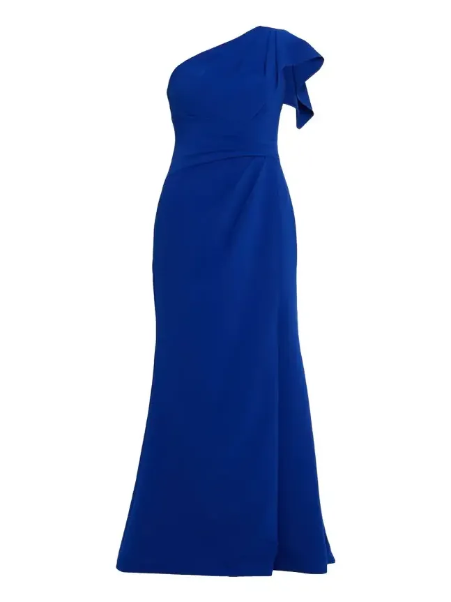 Pleated One-Shoulder Stretch Crepe Gown