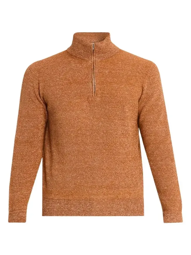 Fioroni Men's Cashmere/Linen Melange Ribbed-Knit Half-Zip Sweater