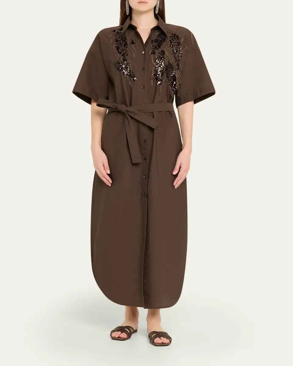 Brunello Cucinelli Sequin Embroidered Cotton Poplin Midi Shirtdress | Thumbnail 2