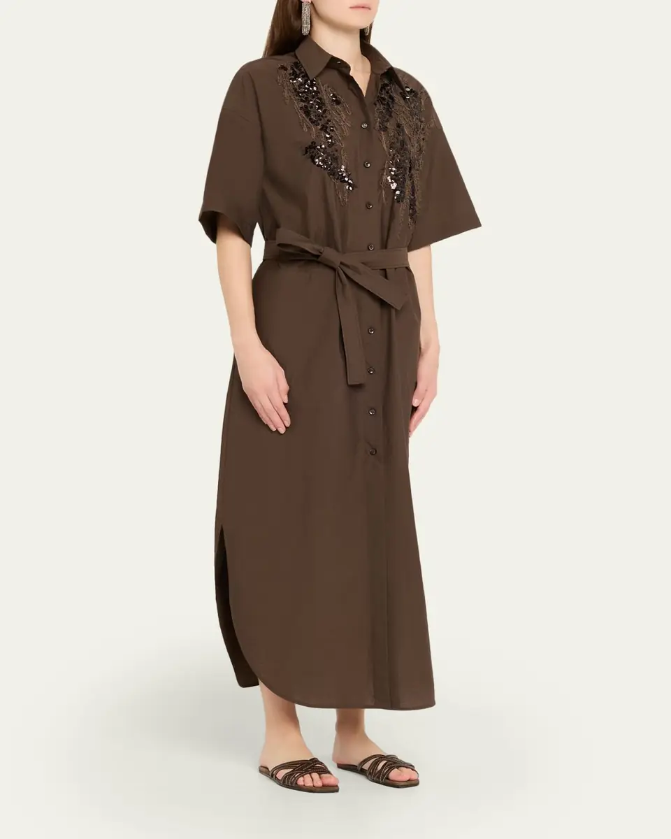 Brunello Cucinelli Sequin Embroidered Cotton Poplin Midi Shirtdress | Thumbnail 4