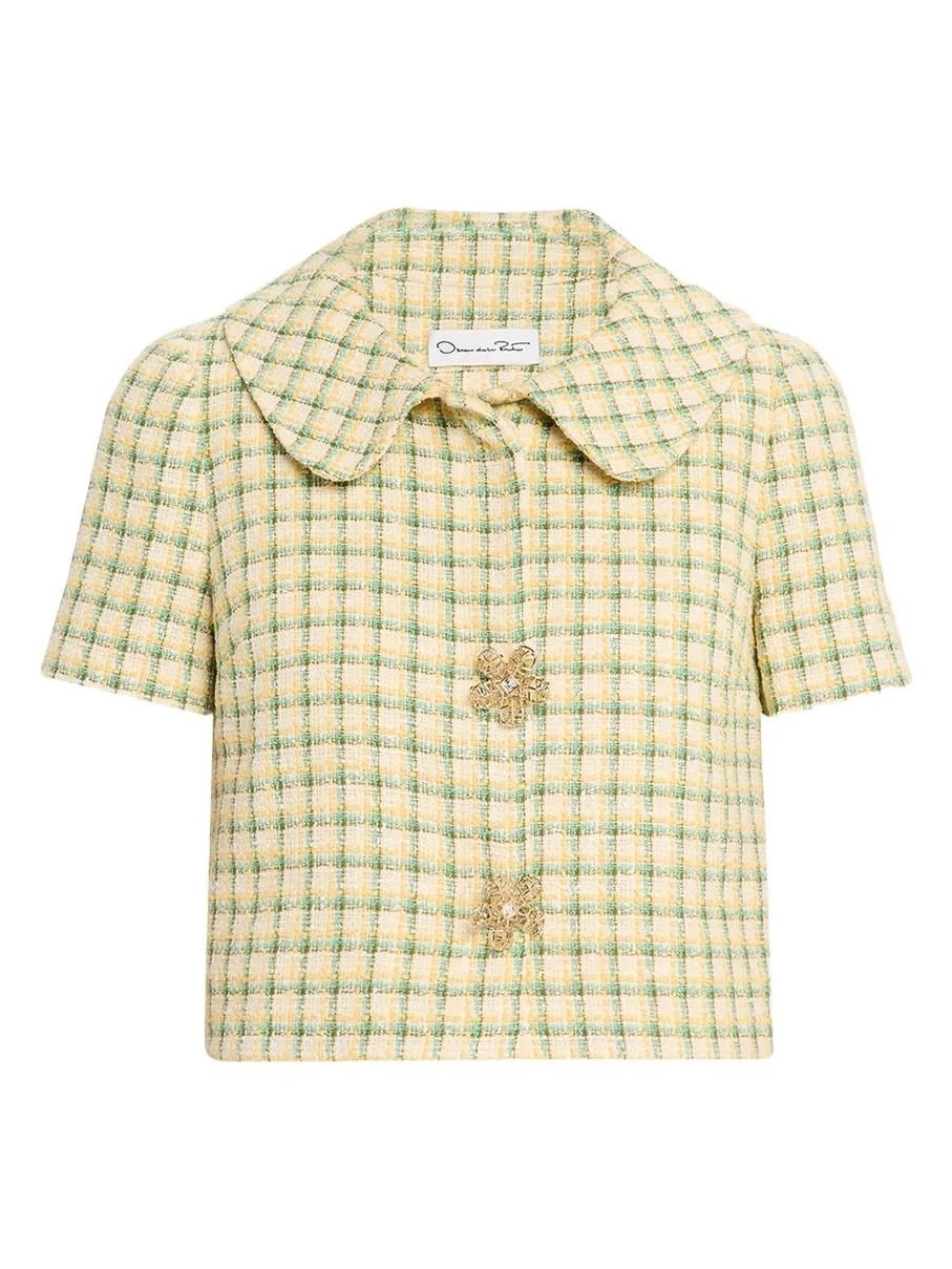 Oscar de la Renta Short-Sleeve Check Tweed Jacket
