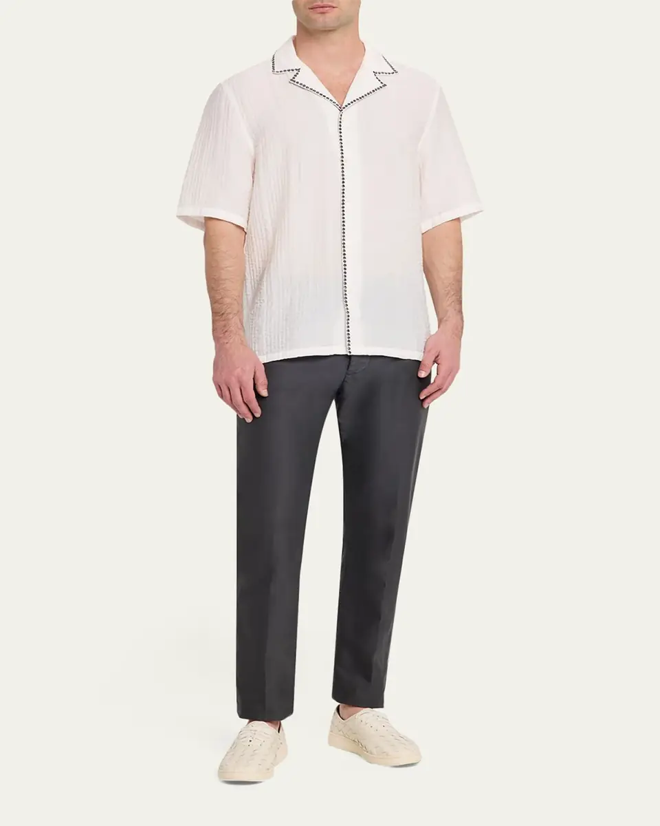 OFFICINE GÉNÉRALE Men's Eren Textured Viscose Short-Sleeve Camp Shirt | Thumbnail 2 OFFICINE GÉNÉRALE Men's Eren Textured Viscose Short-Sleeve Camp Shirt | Thumbnail 2