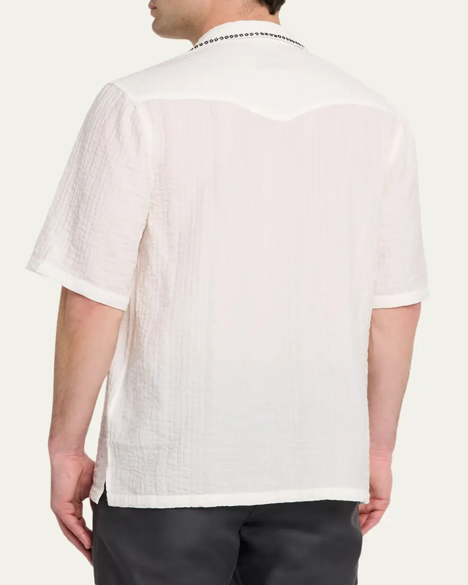 OFFICINE GÉNÉRALE Men's Eren Textured Viscose Short-Sleeve Camp Shirt | Thumbnail 3 OFFICINE GÉNÉRALE Men's Eren Textured Viscose Short-Sleeve Camp Shirt | Thumbnail 3