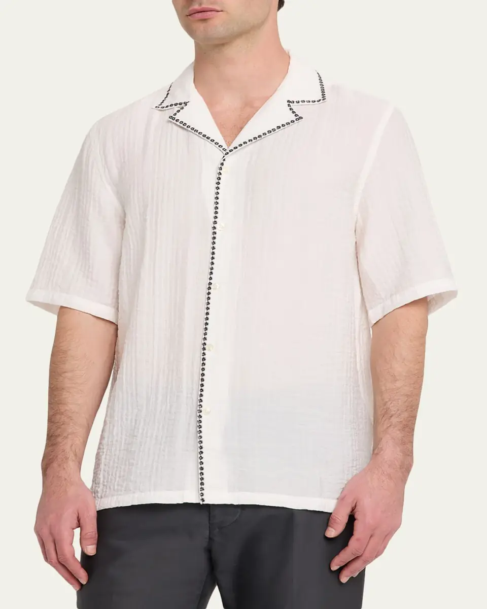 OFFICINE GÉNÉRALE Men's Eren Textured Viscose Short-Sleeve Camp Shirt | Thumbnail 4 OFFICINE GÉNÉRALE Men's Eren Textured Viscose Short-Sleeve Camp Shirt | Thumbnail 4