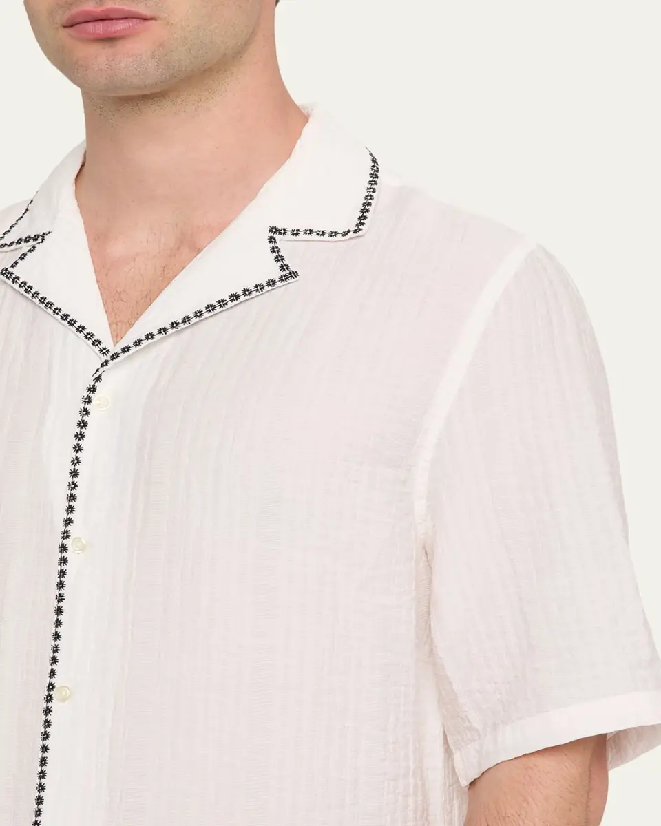 OFFICINE GÉNÉRALE Men's Eren Textured Viscose Short-Sleeve Camp Shirt | Thumbnail 5 OFFICINE GÉNÉRALE Men's Eren Textured Viscose Short-Sleeve Camp Shirt | Thumbnail 5