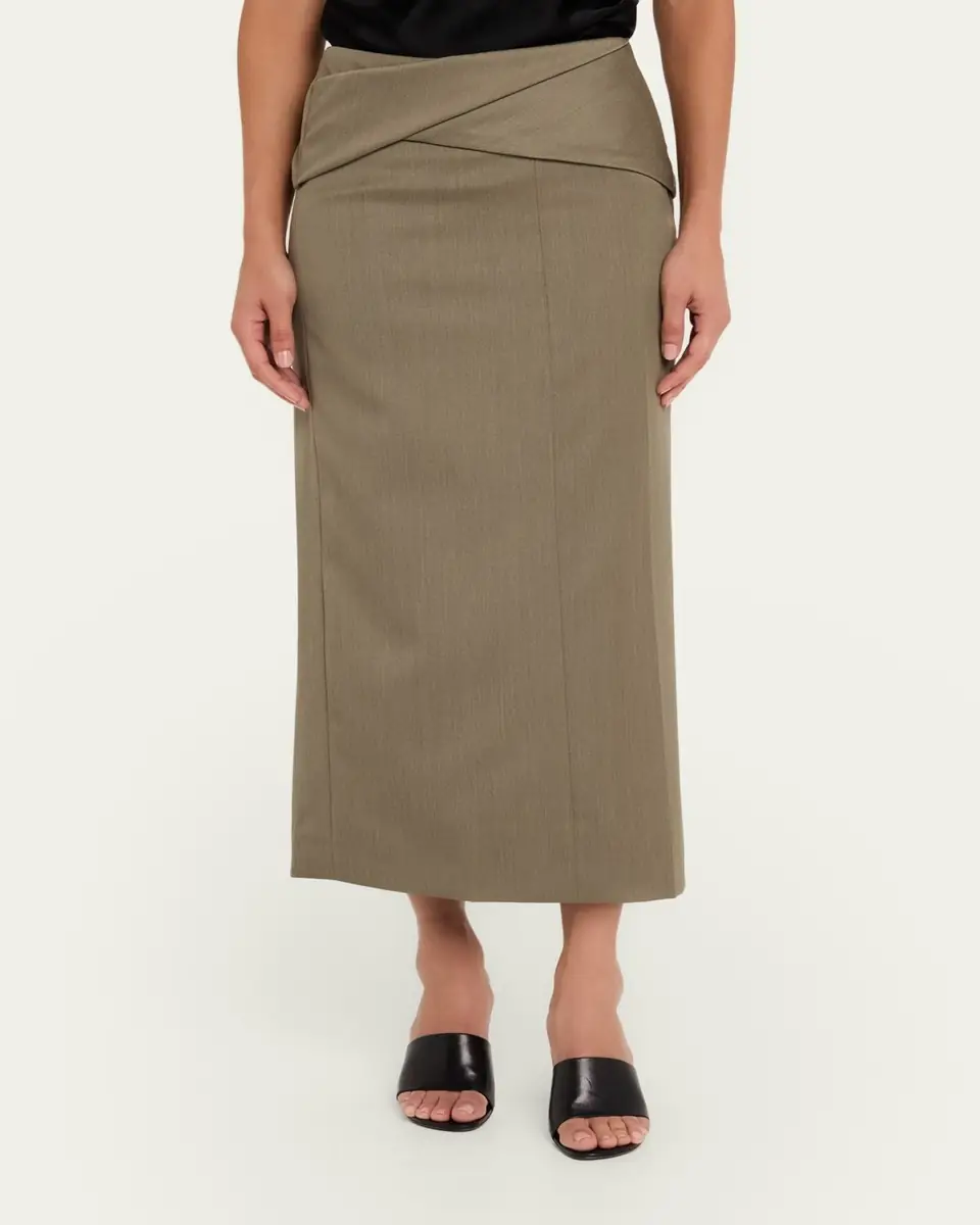 Victoria Beckham Wrap Waist Wool Twill Midi Skirt | Thumbnail 4