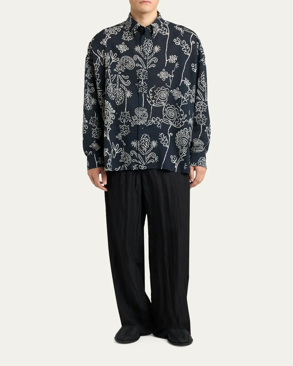 Giorgio Armani Men's Textured Cotton Linework Button-Down Shirt | Thumbnail 2 Giorgio Armani Men's Textured Cotton Linework Button-Down Shirt | Thumbnail 2