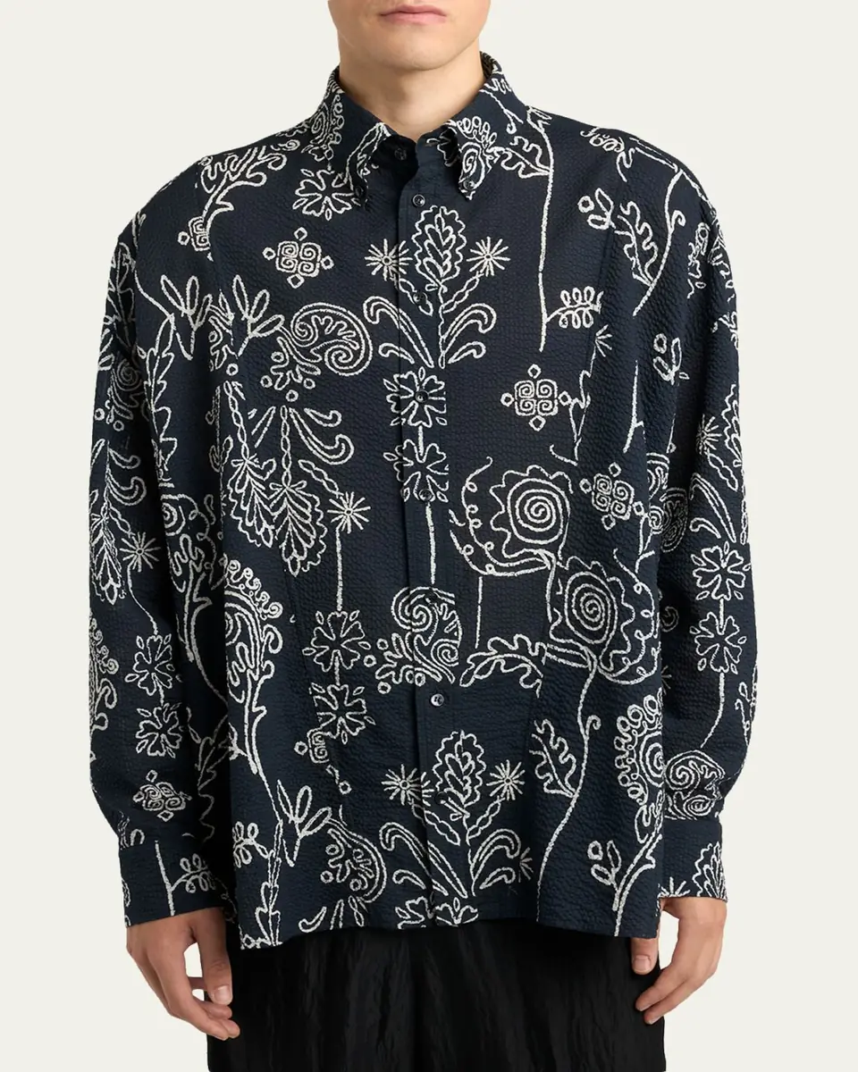 Giorgio Armani Men's Textured Cotton Linework Button-Down Shirt | Thumbnail 4 Giorgio Armani Men's Textured Cotton Linework Button-Down Shirt | Thumbnail 4