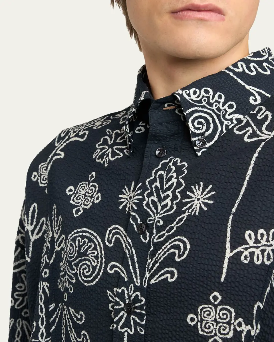 Giorgio Armani Men's Textured Cotton Linework Button-Down Shirt | Thumbnail 5 Giorgio Armani Men's Textured Cotton Linework Button-Down Shirt | Thumbnail 5
