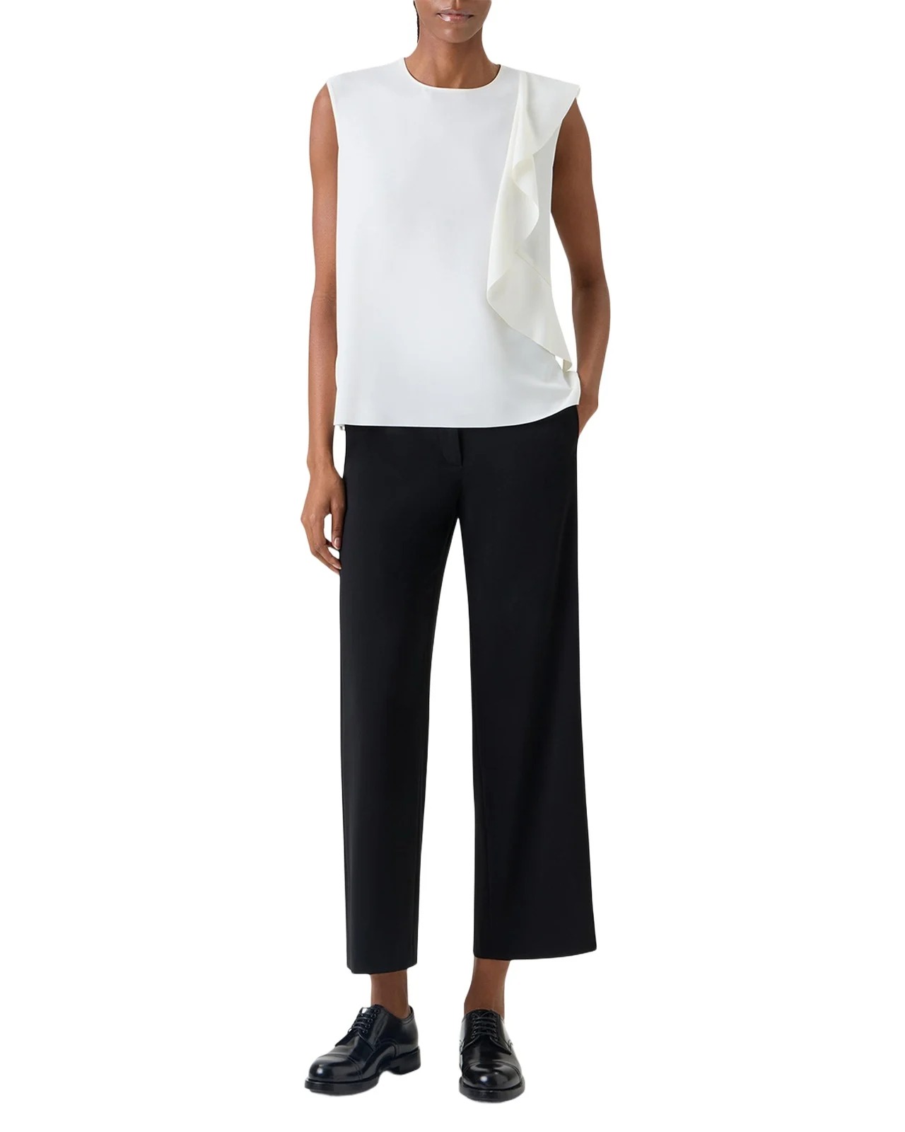 Ruffle Lasercut Crepe Sleeveless Blouse Ruffle Lasercut Crepe Sleeveless Blouse