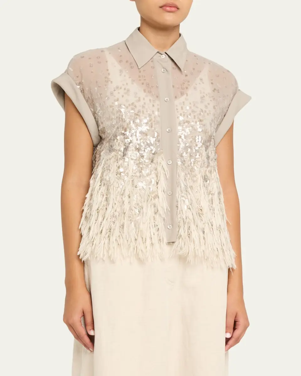 Brunello Cucinelli Sequin & Feather Silk Chiffon Blouse | Thumbnail 4 Brunello Cucinelli Sequin & Feather Silk Chiffon Blouse | Thumbnail 4