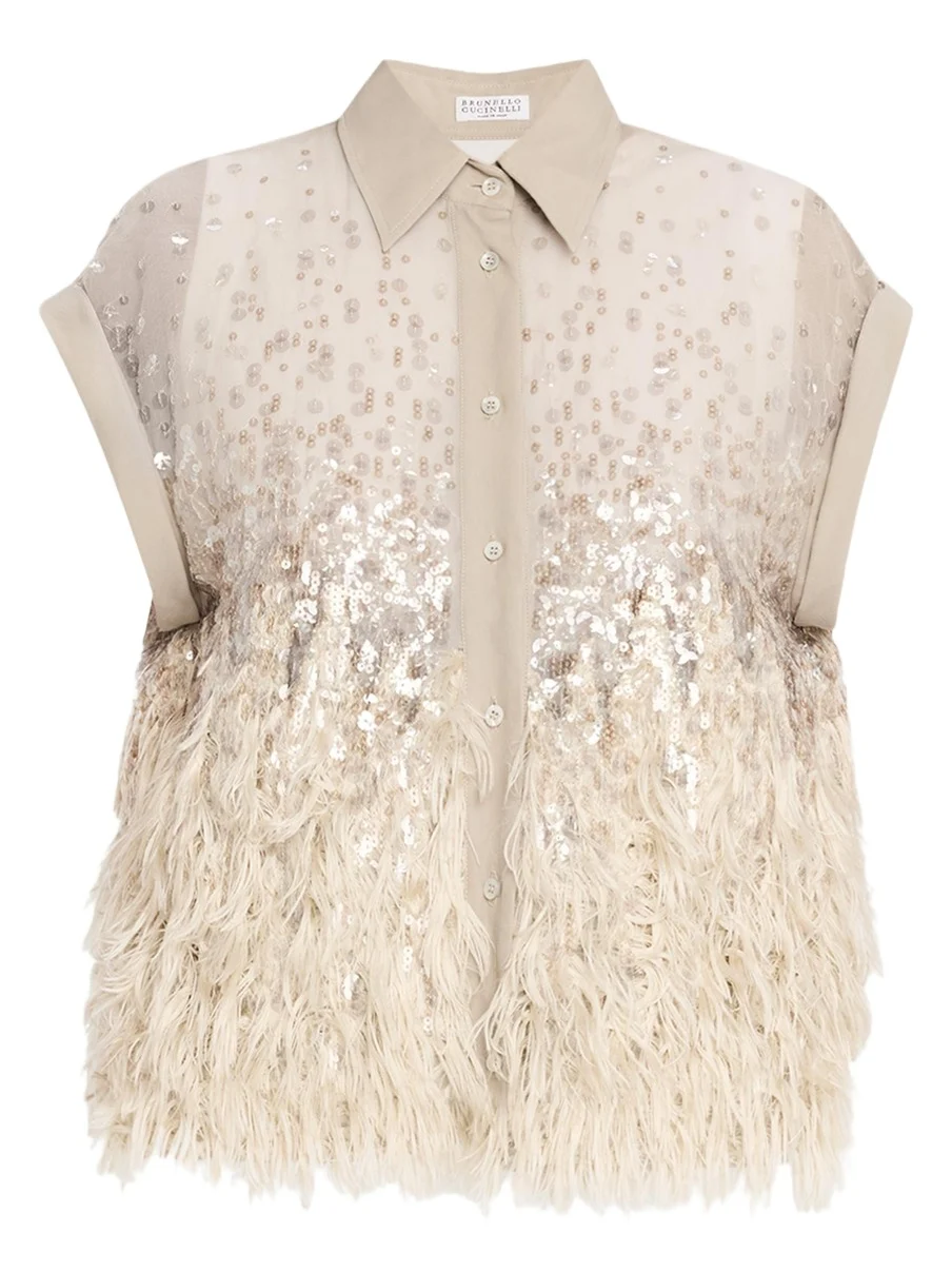 Brunello Cucinelli Sequin & Feather Silk Chiffon Blouse