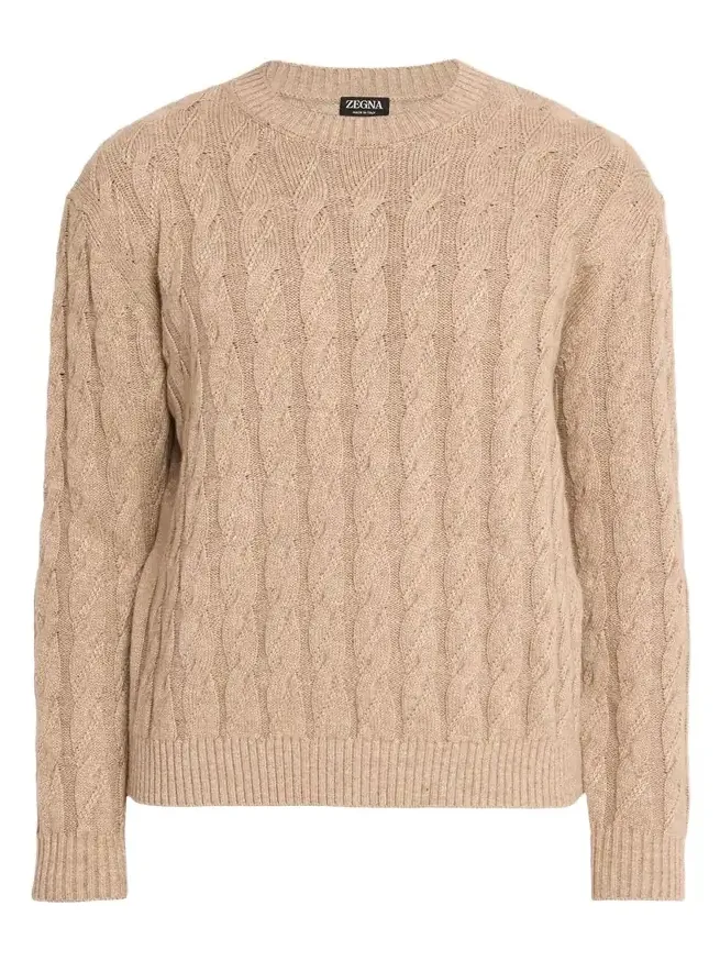 Men's Beige Melange Cable-Knit Crewneck Sweater Men's Beige Melange Cable-Knit Crewneck Sweater