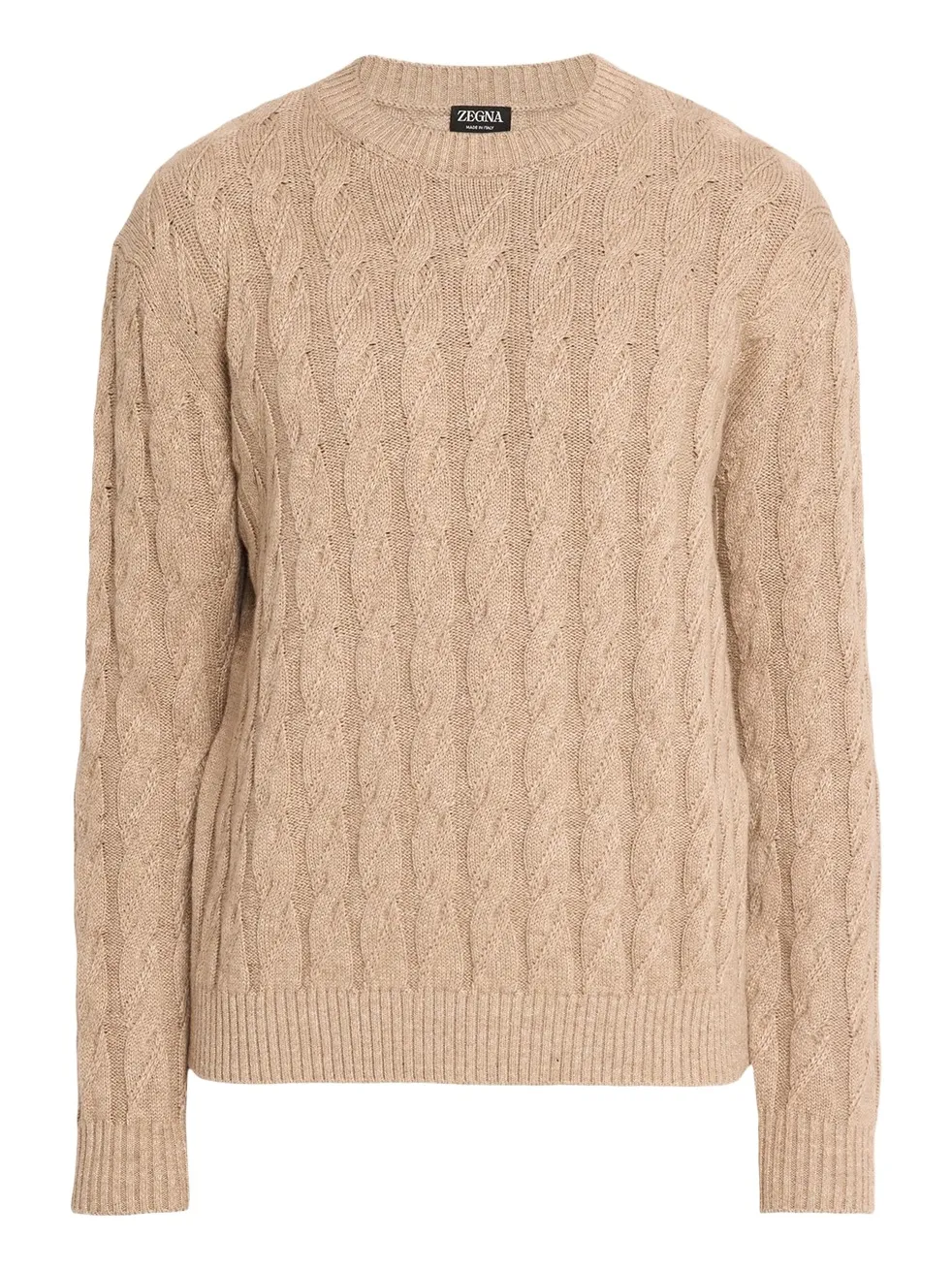 Men's Beige Melange Cable-Knit Crewneck Sweater