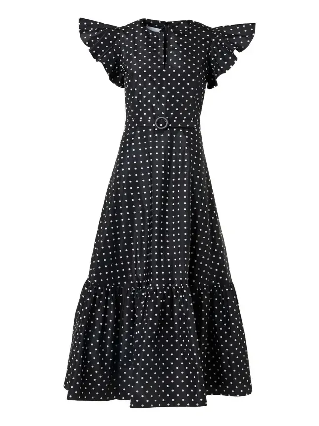 Belted Polka Dot Flutter-Sleeve Dress Belted Polka Dot Flutter-Sleeve Dress